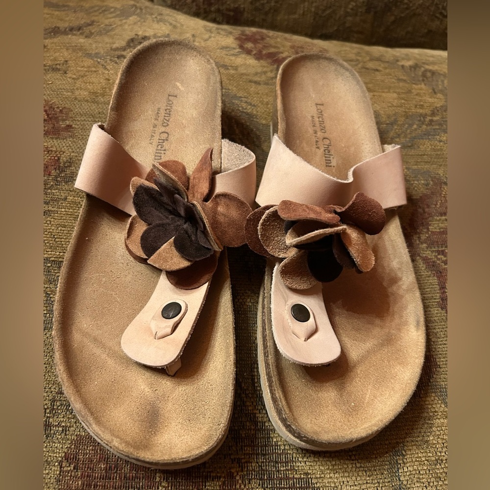 LORENZO CHELINI Tan Leather Floral Rosette Thong Cork Wedge Sandals italy 8.5